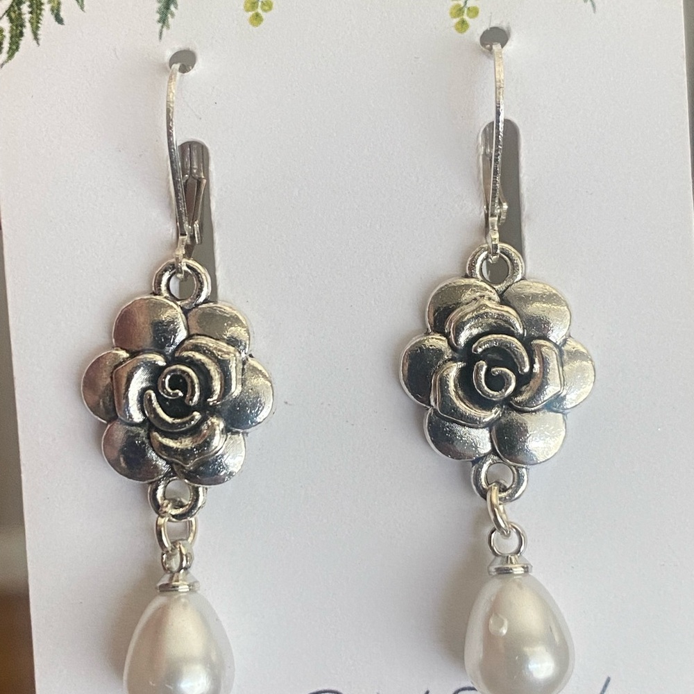 Silver Floral Drop Earrings with White Teardrop Pearl - Picture 4 of 4